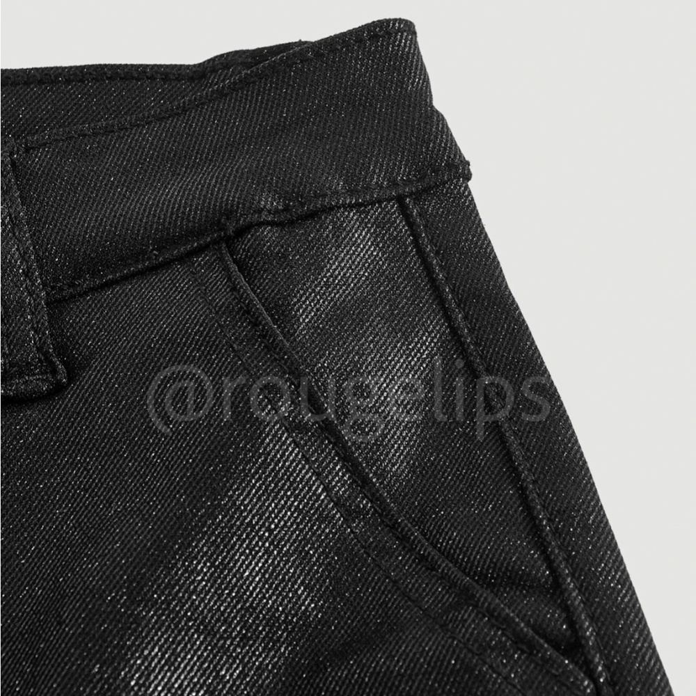 Black Faux Leather Wax Coated Jeans Flared Leg Bell Bottom High Waist - Picture 11 of 16